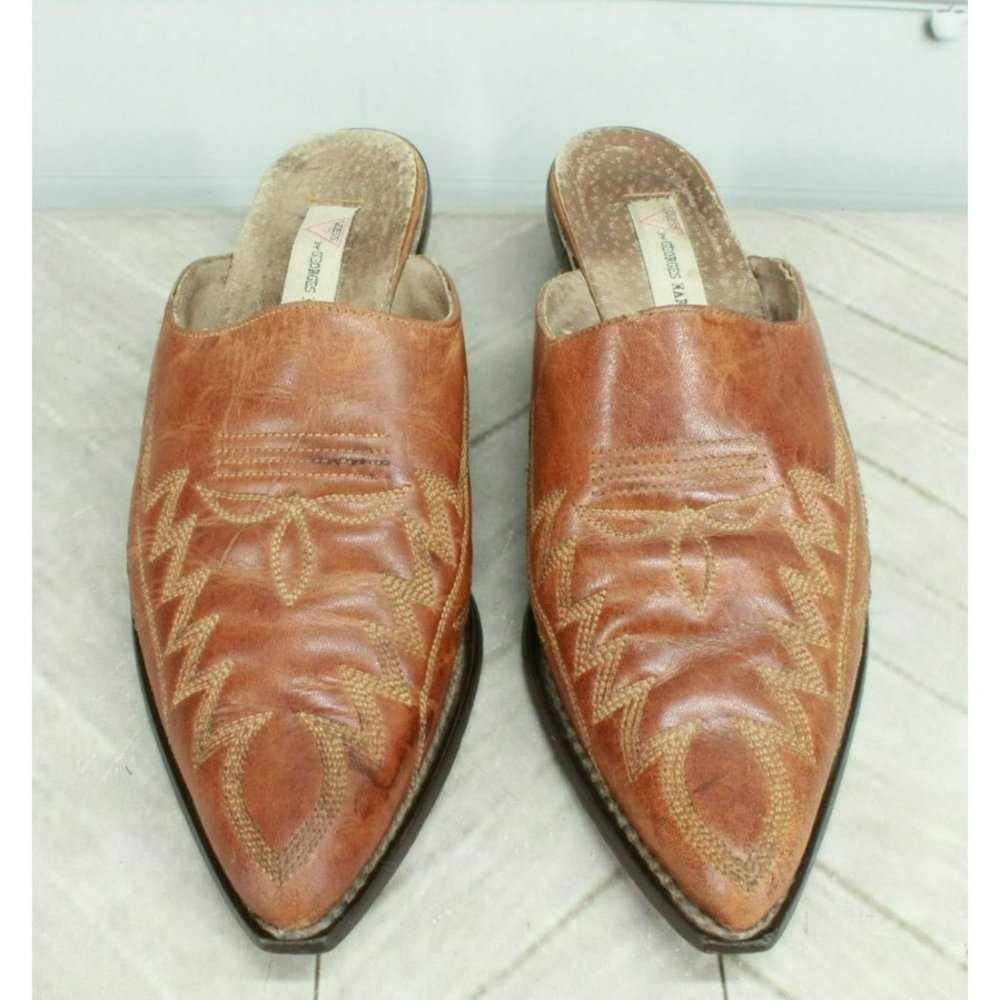 Guess Brown Leather Slip On Pointed Toe Casual Heels Mules Size 6.5 - Picture 5 of 9